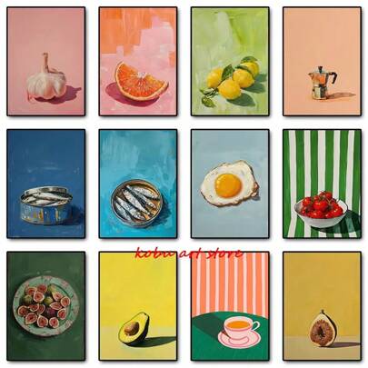 1 件墙面艺术海报无框现代复古餐饮水果橙子鳄梨番茄咖啡海报和印刷品帆布画墙壁艺术图片用于食物厨房装饰