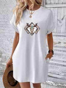 Women's Round Neck Short Sleeve Midi Dress With Cow Head Print