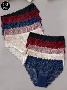 10 件/包优雅蕾丝女士内衣，女士纯色蕾丝三角内裤性感内衣 - 彩色 - 查看 3