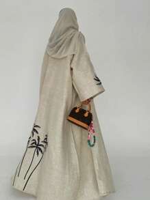 1 件女式长袍，棕榈树刺绣，亚麻面料，透气吸湿排汗，时尚宽松长袍，适合休闲穿着、聚会和节日，朴素的长袍