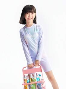 Annil Children's Clothing For Girls Medium And Large Children's Swimwear Separate Long Sleeve Suit Summer - Purple - View 1