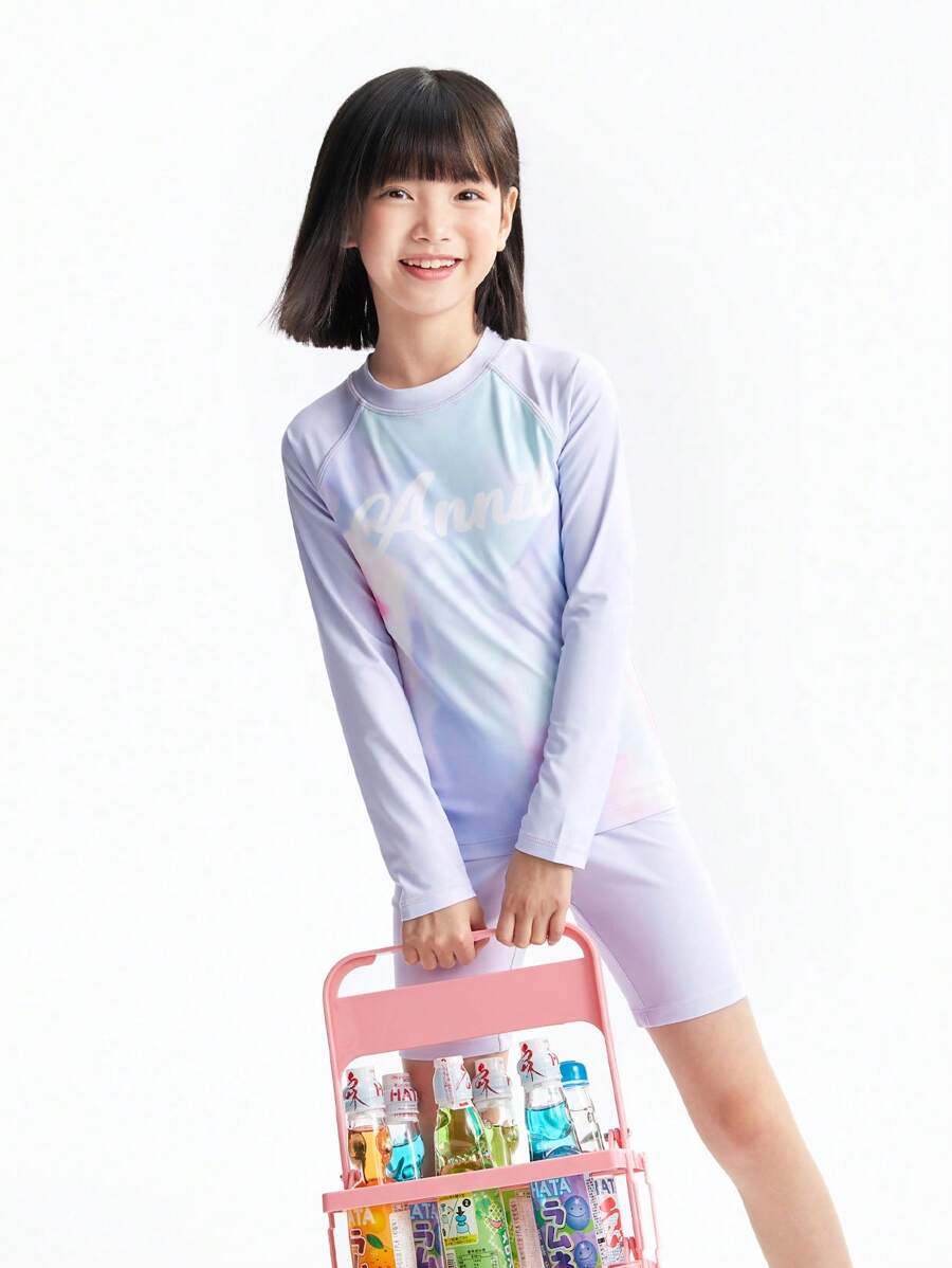 Annil Children's Clothing For Girls Medium And Large Children's Swimwear Separate Long Sleeve Suit Summer - Purple - View 1