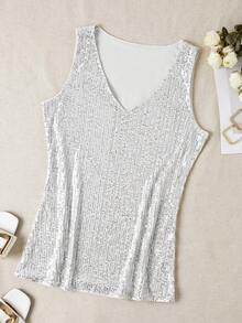 Sequin V-Neck Sleeveless Top, Elegant Tank Top For Spring And Summer - White - View 3