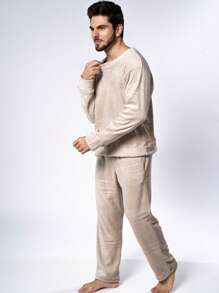 Men's Ultrasoft Long Fleece Pajamas For Cold Winter - Beige - View 4