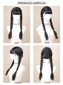 24-Inch Black Braided Wigs With Pigtails, High-Temperature Fiber For Cosplay Performance