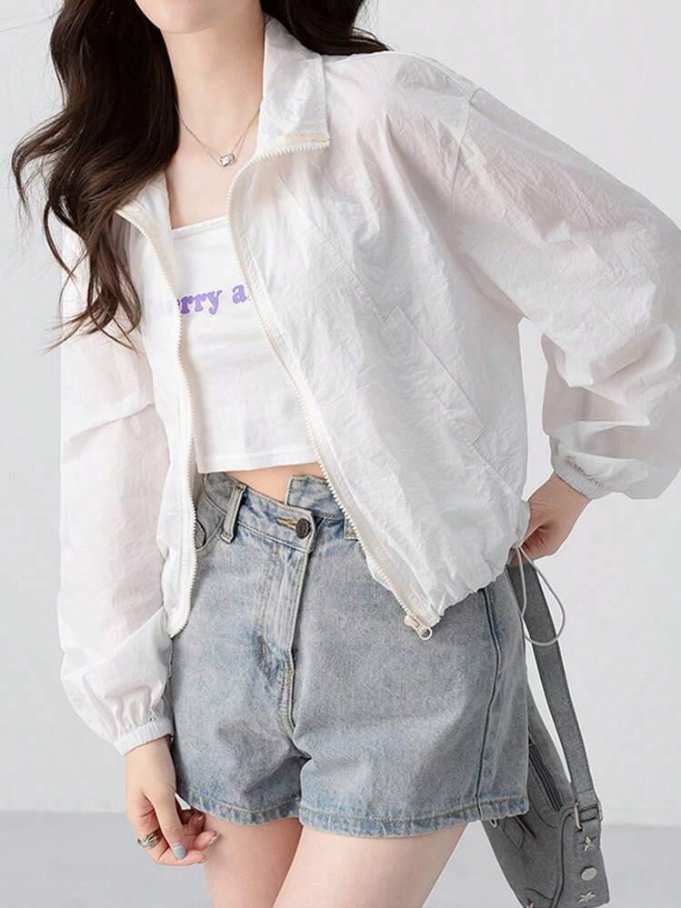 Women's Spring And Summer Zipper Jacket, Lightweight, Thin, Drawstring Hem, Waist Closure - White - View 2