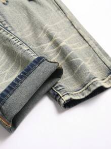 1pc Men's Front Button Pocket Distressed Washed Embroidered Casual Denim Jeans