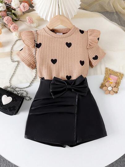 2pcs/Set Young Girl Elegant Cap Sleeve T-Shirt With Heart Print And Bow Decorated Skort Outfit, Summer