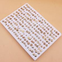 100 Pairs Of Fashion Versatile Random Mixed Style Gold Plated Rhinestone Plastic Stud Earrings Set, Non-Boxed - Without Box - View 3