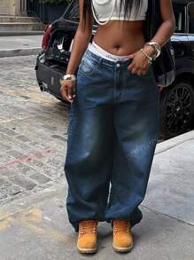 Pantalones vaqueros de pierna ancha en azul deslavado y desgastado, estilo vacacional para mujer Y2K