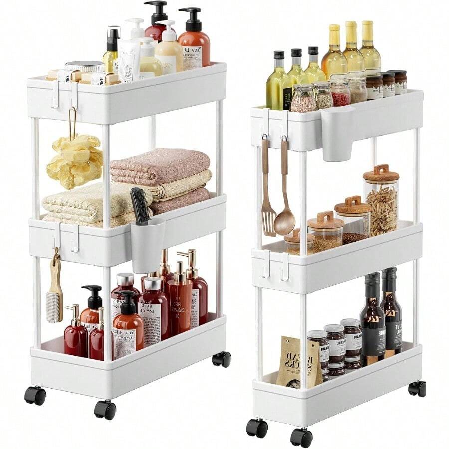 BTPipishell Bathroom Cart 2 Pack Slim Storage Cart Organizer With Hanging Cups And Hooks Rolling For Bathroom Laundry Room Kitchen Set Of 2 PIUC07WK2 - 白色1 - 查看 1