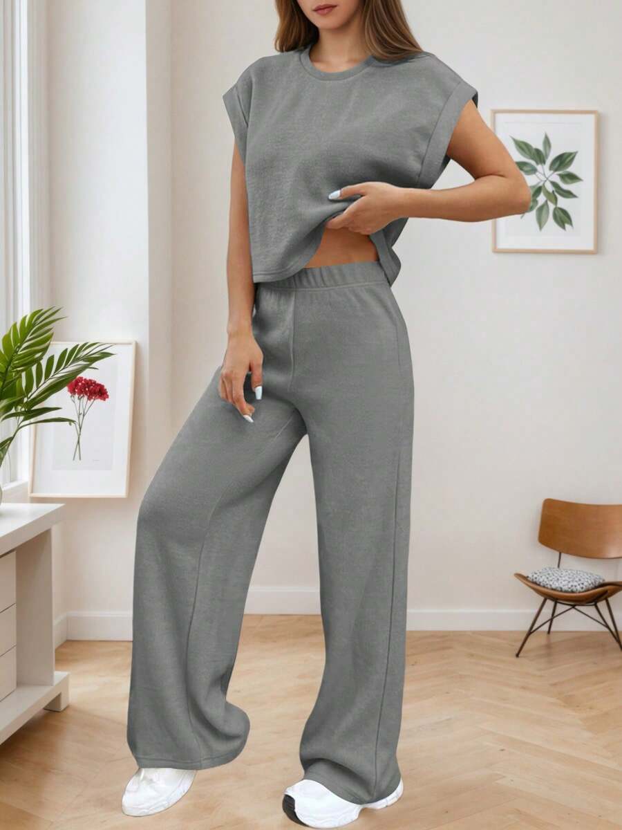 hoteel Women's Round Neck Cap Sleeve Top Wide Leg Pants Casual Suit   Elegante  Women Clothes - 灰色 - 查看 1