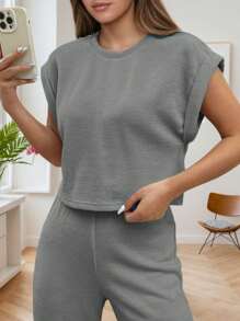 hoteel Women's Round Neck Cap Sleeve Top Wide Leg Pants Casual Suit   Elegante  Women Clothes - 灰色 - 查看 3