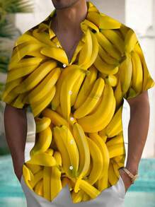 Plus Size Men's Hawaiian Banana 3D Digital Print Button Pocket Short Sleeve Aloha Shirt - Yellow - View 2