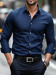 Men's Classic Formal Navy Blue Dress Shirt, Collared Button-Down Long Sleeve Shirt, Overseas Bestseller! Navy Blue Fitted Shirt, Unlock The Charm Of A Stylish Man