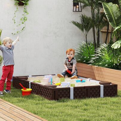 Qaba Sandbox For Kids, Outdoor Sand Pit With Cover, Built-In Seating, Bottom Liner For Backyard, Garden, 73" X 47" X 9", Dark Brown