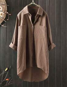 Women Cotton Linen Solid Shirt Dress Ladies Casual Loose Long Sleeve Lapel Button Down Tee Shirt Tops Blouse Beach Cover-Up Mini Dress - Brown - View 1