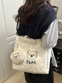 2 Pieces Bear Pattern Women's Large Capacity Tote Bag, Perfect For Business, Work, Commuting, High School, Portable, Suitable For Teen Girls And College Girls, Perfect For Office, College, Elementary School, Junior High School, Work, Stadium, Sports, Lightweight Shoulder Bag, Versatile In Spring And Summer Seasons, Suitable For Back To School And Travel - Multicolor - View 3