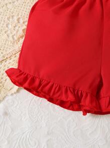 Conjunto de 3 peças de vestido de joaninha fofo com manga curta e babados, top e shorts de tecido misto de cor sólida com faixa na cabeça, roupa casual - Vermelho - Ver 7