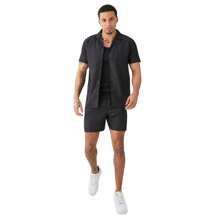 Linen T-Shirt And Premium Linen Bermuda Set For Men's Luxury Beachwear - 黑色 - 查看 3