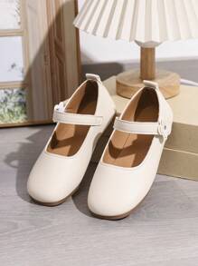 1 Pair Girls' Beige Flat Flower Hook And Loop Adjustable Shoes, Round Toe TPR Non-Slip Comfort Light-Weight Solid Color Cute Ballet Flats, Suitable For 5-14 Years Old Girls, School, Festival Activities, Indoor/Outdoor Daily Casual Wear - Beige - View 3