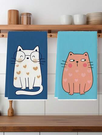2pcs Kitchen Towels Cat Funny Pattern Farmhouse Dish Towels Kitchen Dishwashing Hand Tea Towels Kitchen Drying Dish Towels For Kitchen Restaurant Dining Table