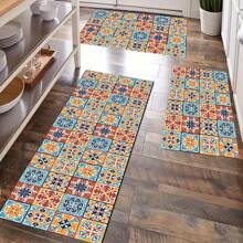 1pc Vintage Geometric Pattern Non-Slip Silica Gel Kitchen Carpet, 3D Printed Rectangular, Suitable For Living Room, Bedroom, Hallway, Bathroom, Laundry Room - Polyester Rug, For Indoor And Outdoor Home Decor - FUCFD128 - View 1