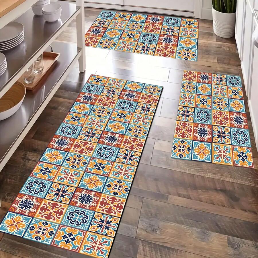 1pc Vintage Geometric Pattern Non-Slip Silica Gel Kitchen Carpet, 3D Printed Rectangular, Suitable For Living Room, Bedroom, Hallway, Bathroom, Laundry Room - Polyester Rug, For Indoor And Outdoor Home Decor - FUCFD128 - View 1