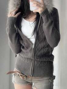 Women's Vintage Faux Fur Trim Hoodie Sweater Zip Up Cable Knit Slim Y2k Cardigan - Tro - Xem 2