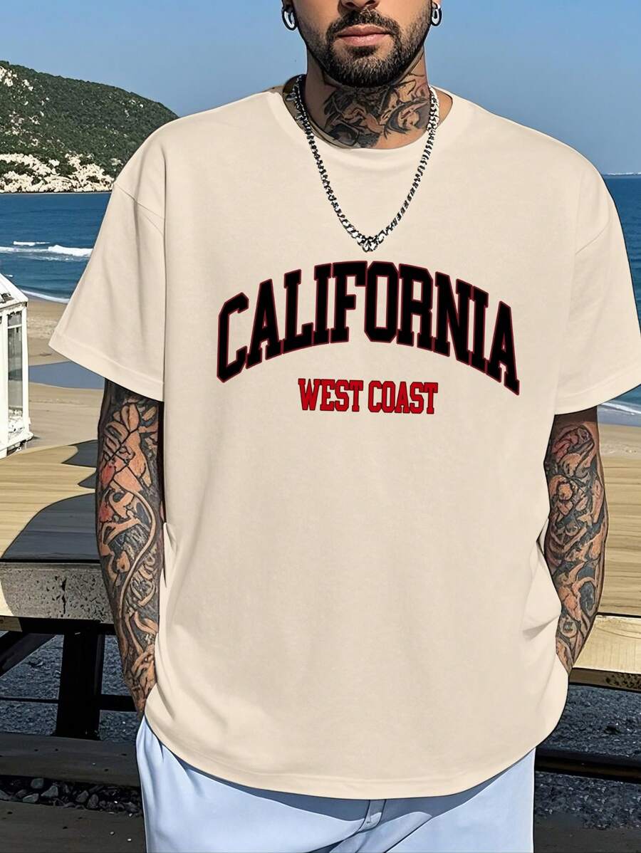 Men's Casual Letter Printed Short Sleeve T-Shirt, Spring/Summer - Apricot - View 1
