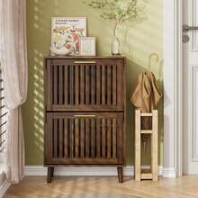 Shoe Cabinet With 2 Flip Louvered Drawers, Farmhouse Shoe Storage Cabinet With Golden Handle, Freestanding Slim Shoe Organizer Cabinet For Entryway, Hallway, Walnut - Walnut+23.6in - 查看 4