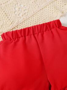 Conjunto de 3 peças de vestido de joaninha fofo com manga curta e babados, top e shorts de tecido misto de cor sólida com faixa na cabeça, roupa casual - Vermelho - Ver 8