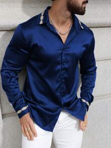 Men's Casual Embroidered Long Sleeve Shirt, Suitable For Party