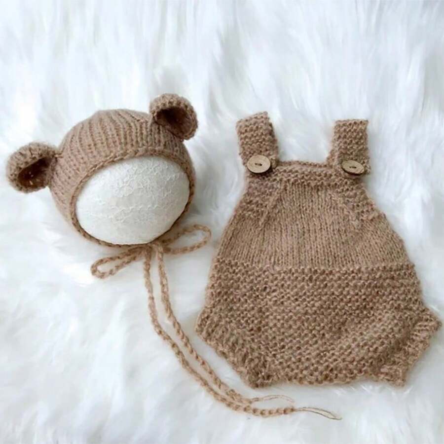 Photography Props:Baby Photography Props Bear Costume Knit Hat Suspenders Set Photo Posing Props Newborn Photo Props Bodysuit,Teddy Bear Style Baby Shower Family Decorations Gifts Baby Shower Easter Gift Things For Girls/Boys - Multicolor - View 1