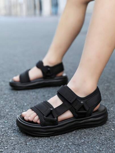 儿童简约一脚蹬凉鞋，透气防滑耐用平底沙滩鞋，校园风格，夏季