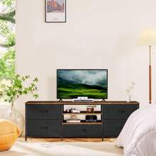 Mueble para TV de hasta 65 pulgadas, Soporte de TV de madera con 5 cajones de tela, Mesa consola de TV de 3 niveles de madera, Centro de entretenimiento con estantes abiertos, Gabinete de TV con marco de metal para sala de estar, dormitorio - Negro - Ver 5