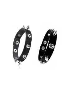 Spiked Studded Bracelets Punk Leather Rivets Bracelet Cuff For Men Women, Black Punk Rock Studded Bracelet Set, Black Leather Rivet Punk Bracelet Cuff Wrap Bangle Snap Button Wristband For Daily & Gifts - Black - View 2