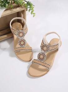 女士坡跟凉鞋，夏季新款珍珠和水钻一脚蹬露趾舒适中跟百搭女士凉鞋