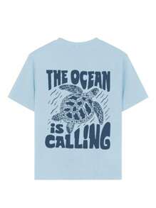 少女海龟和字母印花圆领短袖 T 恤，休闲夏季上衣 - 淺藍色 - 查看 7