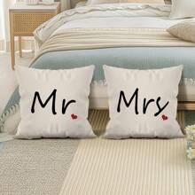 2pcs 45cmx45cm Mr & Mrs Single Sided Printed Throw Pillow Case Set - Multicolor - View 6