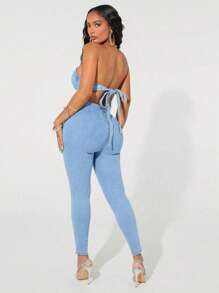 Jumper de Mezclilla Strapless con Cintas en Espalda y Cierre. - Azul - Ver 5