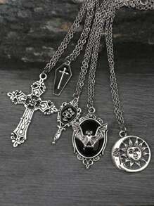 5pcs Y2K Vintage Gothic Punk Rock Bat Gem, Cross, Coffin, Arrow Through Heart, Red Heart, Star Pendant Necklaces Set, Stainless Steel Chain, Bohemian, INS Style