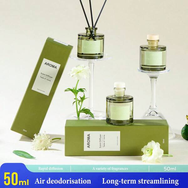 1pc, 50ML Air Freshener With 5pcs Fragrance Sticks, Suitable For Bathroom Deodorizer, Bedroom Fragrance, Home Decor, Glass Bottle, Rectangular, Feather-Free, Long-Lasting Fragrance Essential Oil, Ideal For Eliminating Odors, Valentine's Day Gift, Aromatherapy, Diffuser, Home Fragrance, House Freshener