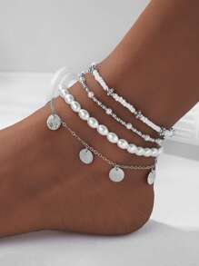 4 件套波西米亚风格贝壳、金属圈和珠子装饰脚链套装，适合女士，适合节日穿着