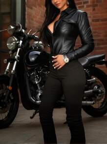 Women's Long Sleeve Tops And Shirts, Fashion PU Leather Jacket Coat, Button Down Shirt, Leather Jacket Blouse, Suitable For Spring, Summer, Autumn - Black - View 5