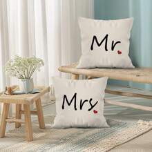 2pcs 45cmx45cm Mr & Mrs Single Sided Printed Throw Pillow Case Set - Multicolor - View 5