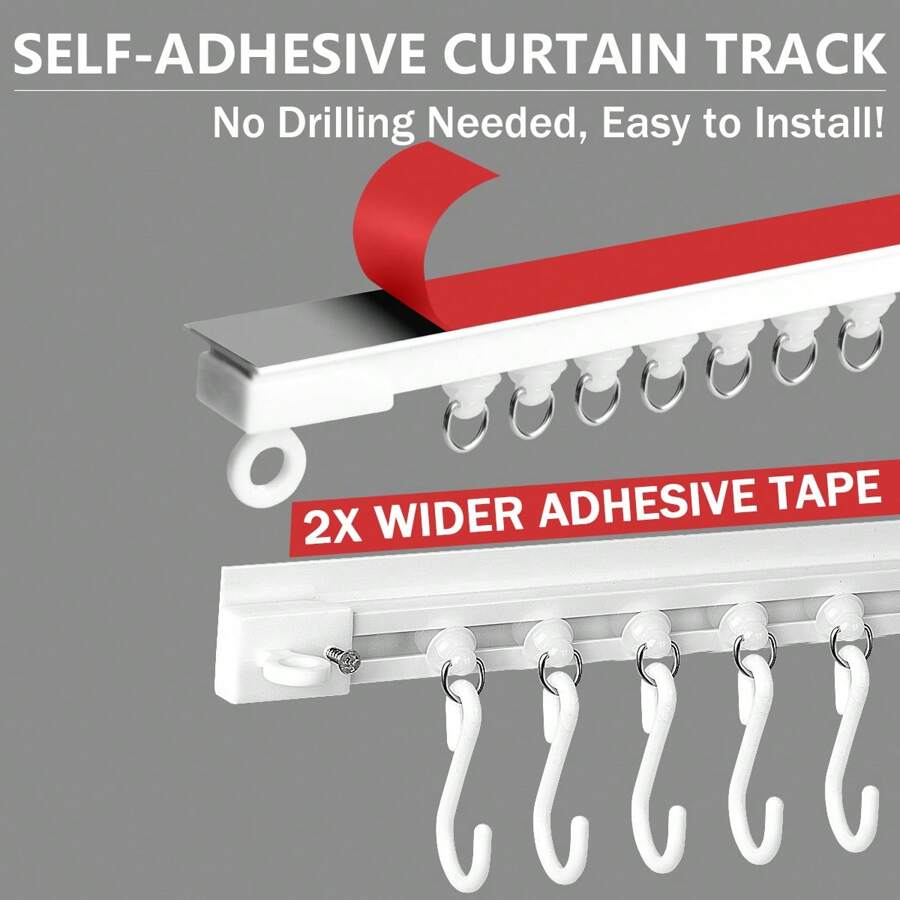 [2X Wider Adhesive Anti-Falling] 1-Set No Drill Curtain Track - Heavy Duty Nano Plastic For Ceiling/Wall, Thickened Design With Hooks (Strong Hold & Easy Setup, Lasting Durability)