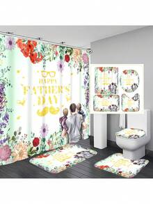 1pc/4pcs Father's Day Printed Multifunctional Decorative Bathroom Waterproof Shower Curtain With 12 Hooks, Bathroom Non-Slip Mat, U-Shaped Floor Mat And Round Toilet Seat Cover, Bathroom Set For All Scenarios Back To School