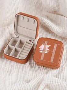 1pc Caixa de joias rosa com flores rosas, caixa de joias de viagem da moda com letras de ouro rosa, caixa de joias de viagem de presente personalizada, presentes de aniversário para mulheres, presentes de Natal para meninas adolescentes, iniciais, caixa de joias de viagem A-Z