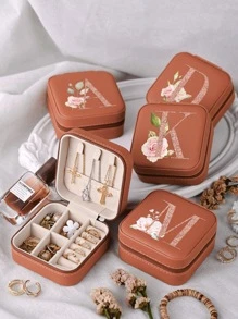 1pc Caixa de joias rosa com flores rosas, caixa de joias de viagem da moda com letras de ouro rosa, caixa de joias de viagem de presente personalizada, presentes de aniversário para mulheres, presentes de Natal para meninas adolescentes, iniciais, caixa de joias de viagem A-Z